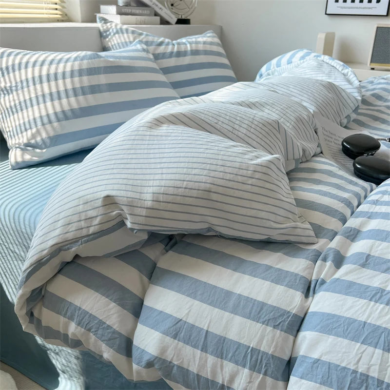 Parure de lit coton lavé rayée – Ensemble housse de couette, drap et taies | Qualité premium
