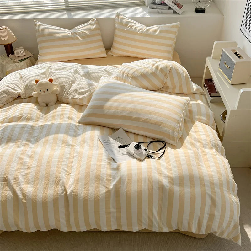 Parure de lit coton lavé rayée – Ensemble housse de couette, drap et taies | Qualité premium