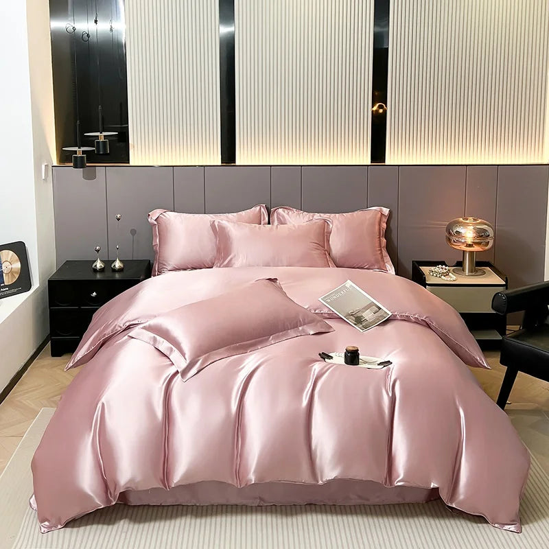 Parure de lit 4 pièces en soie mélangé – Housse de couette, drap housse et taies – Tailles Twin, Full, Queen, King