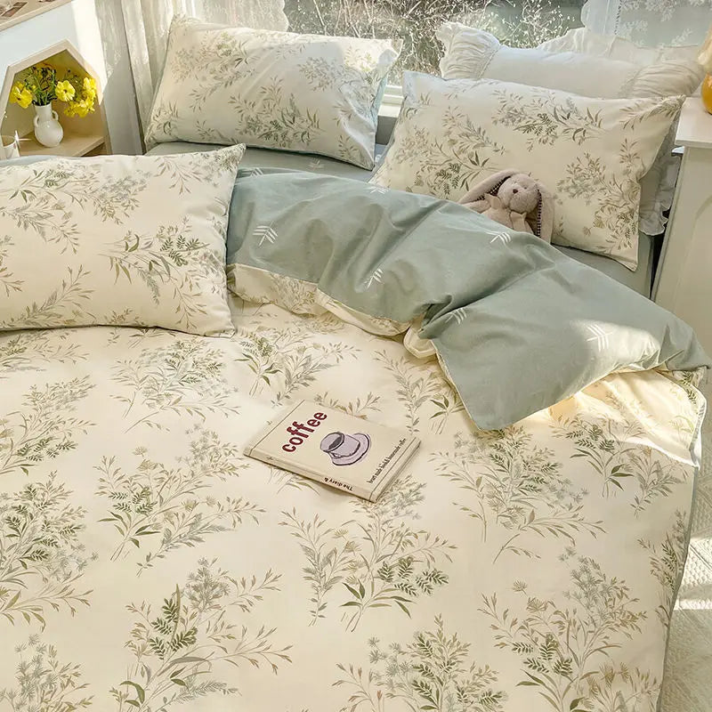 Parure de lit à motif feuillage vert – Housse de couette, drap plat et 2 taies (Twin/Full/Queen)