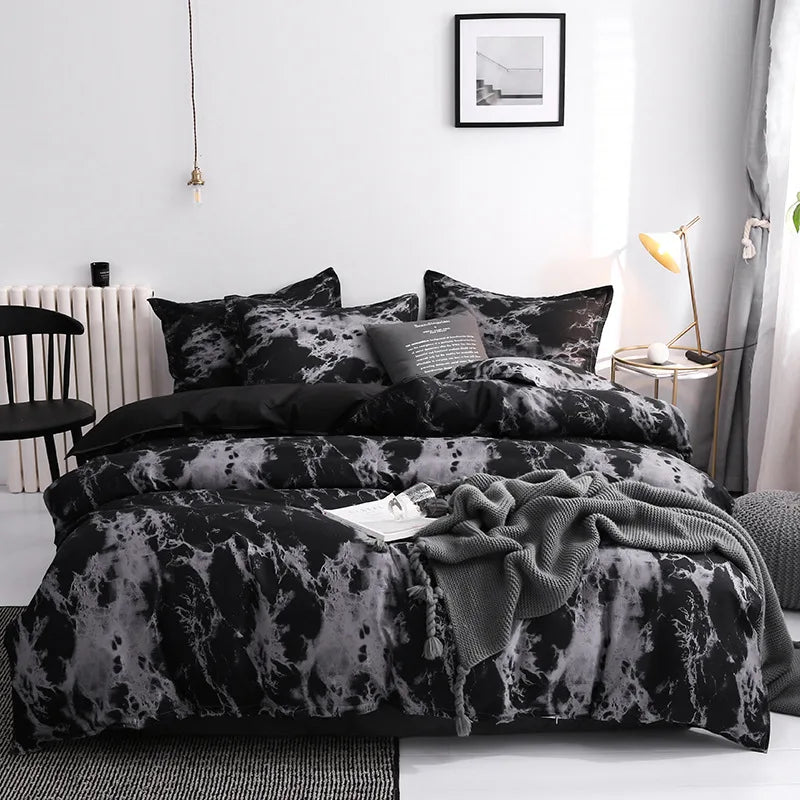 Ensemble housse de couette marbre 3 pièces – Blanc ou noir – Tailles 135x200 à 200x230