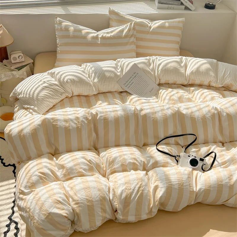 Parure de lit coton lavé rayée – Ensemble housse de couette, drap et taies | Qualité premium