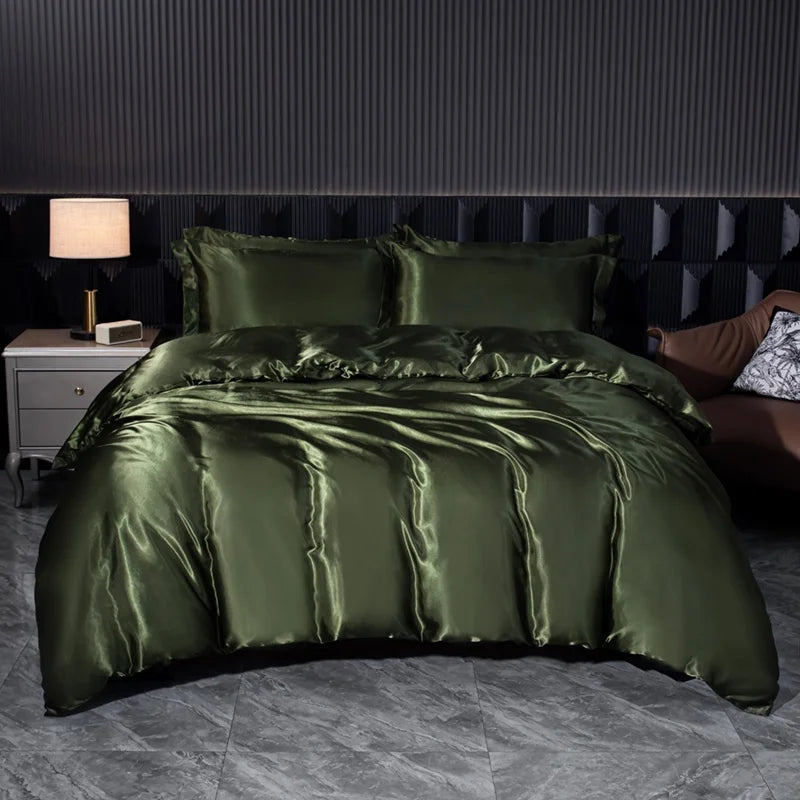 Parure de lit 4 pièces en soie mélangé – Housse de couette, drap housse et taies – Tailles Twin, Full, Queen, King