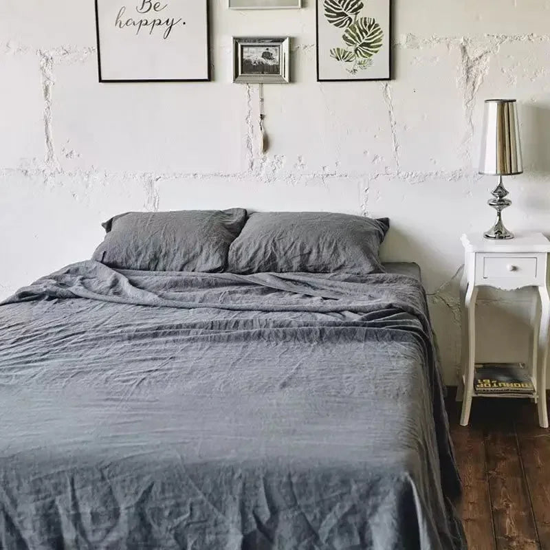 Draps plats en lin lavé – Ensemble 3 pièces avec taies d’oreiller