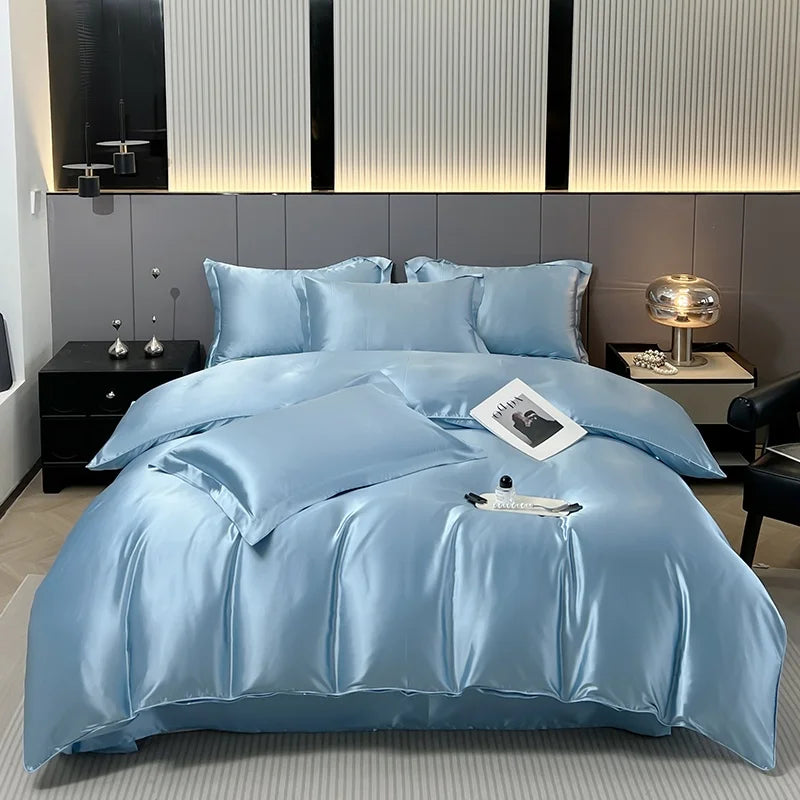 Parure de lit 4 pièces en soie mélangé – Housse de couette, drap housse et taies – Tailles Twin, Full, Queen, King