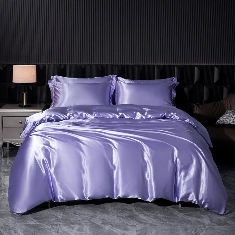 Parure de lit 4 pièces en soie mélangé – Housse de couette, drap housse et taies – Tailles Twin, Full, Queen, King