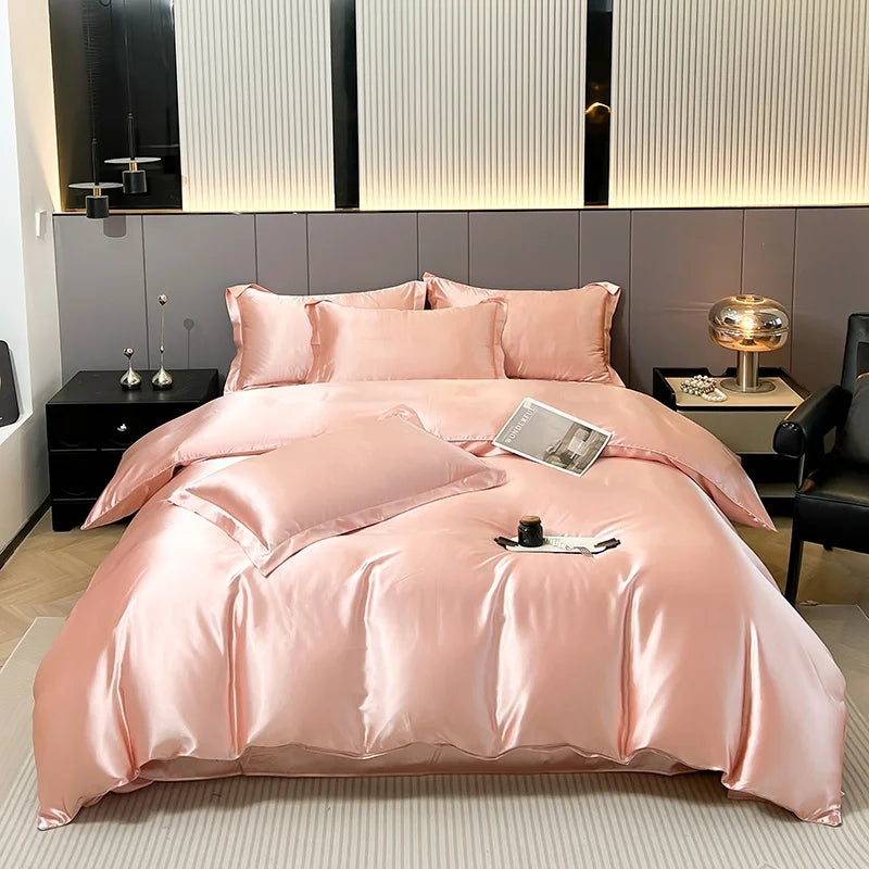 Parure de lit 4 pièces en soie mélangé – Housse de couette, drap housse et taies – Tailles Twin, Full, Queen, King
