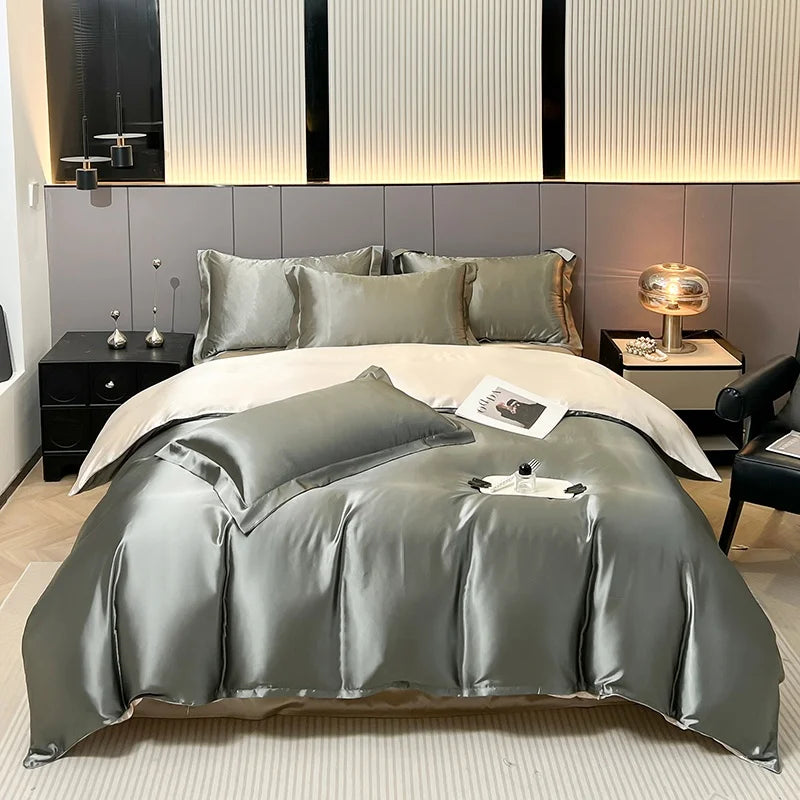 Parure de lit 4 pièces en soie mélangé – Housse de couette, drap housse et taies – Tailles Twin, Full, Queen, King