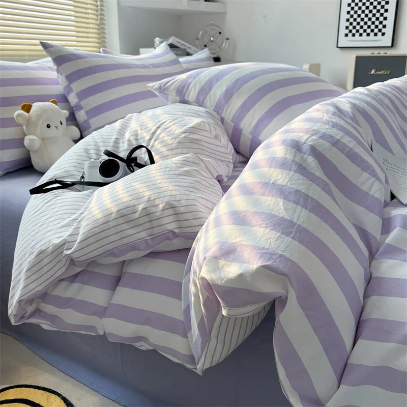 Parure de lit coton lavé rayée – Ensemble housse de couette, drap et taies | Qualité premium