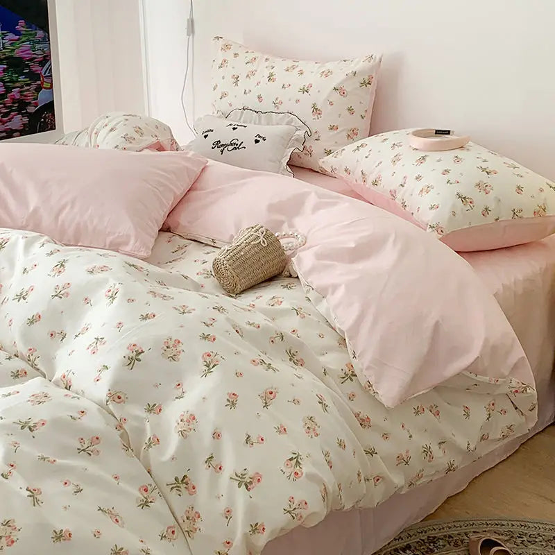 Parure de lit à fleurs roses – Housse de couette, taies d’oreiller et drap plat – Linge de lit doux et confortable