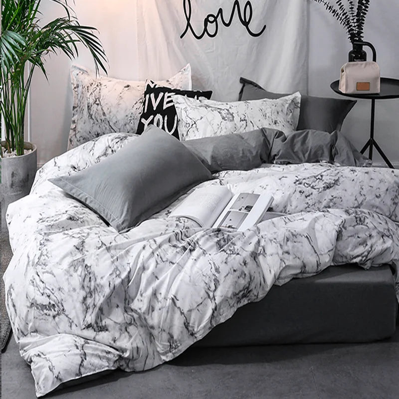 Ensemble housse de couette marbre 3 pièces – Blanc ou noir – Tailles 135x200 à 200x230