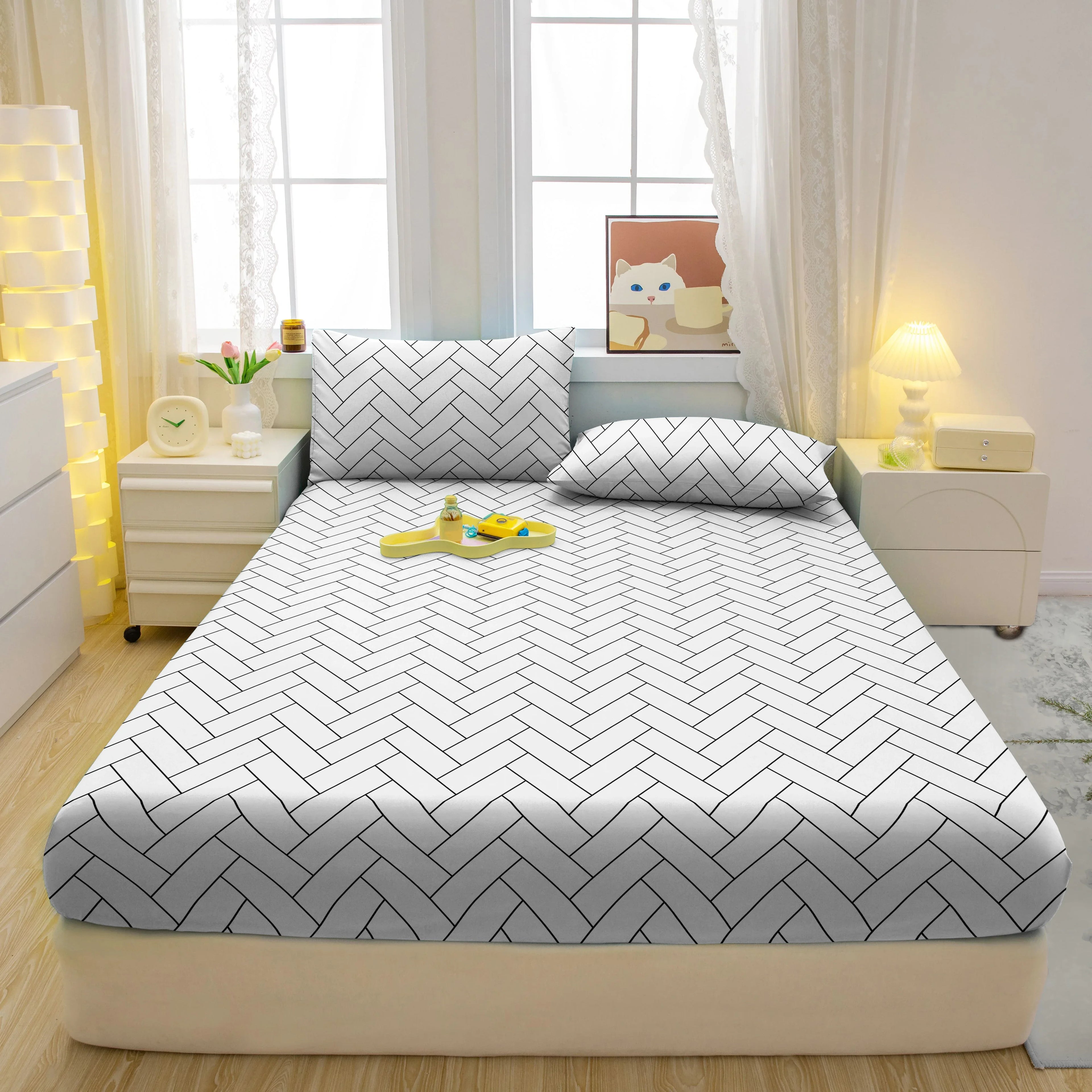 Drap-housse Imprimé Géométrique – Moderne, Simple, 100% Polyester, 200TC