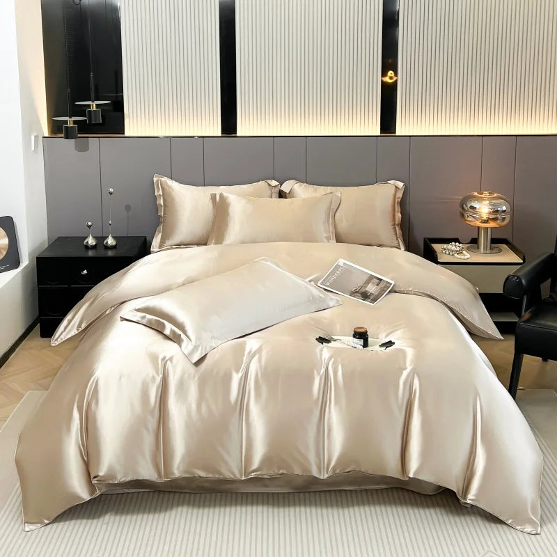 Parure de lit 4 pièces en soie mélangé – Housse de couette, drap housse et taies – Tailles Twin, Full, Queen, King