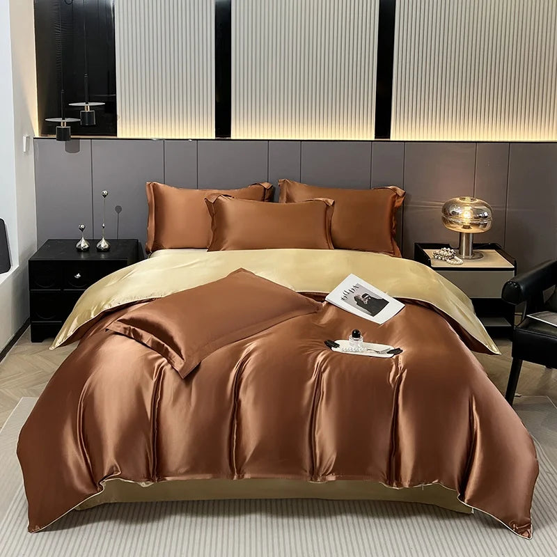 Parure de lit 4 pièces en soie mélangé – Housse de couette, drap housse et taies – Tailles Twin, Full, Queen, King