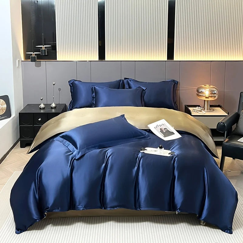 Parure de lit 4 pièces en soie mélangé – Housse de couette, drap housse et taies – Tailles Twin, Full, Queen, King