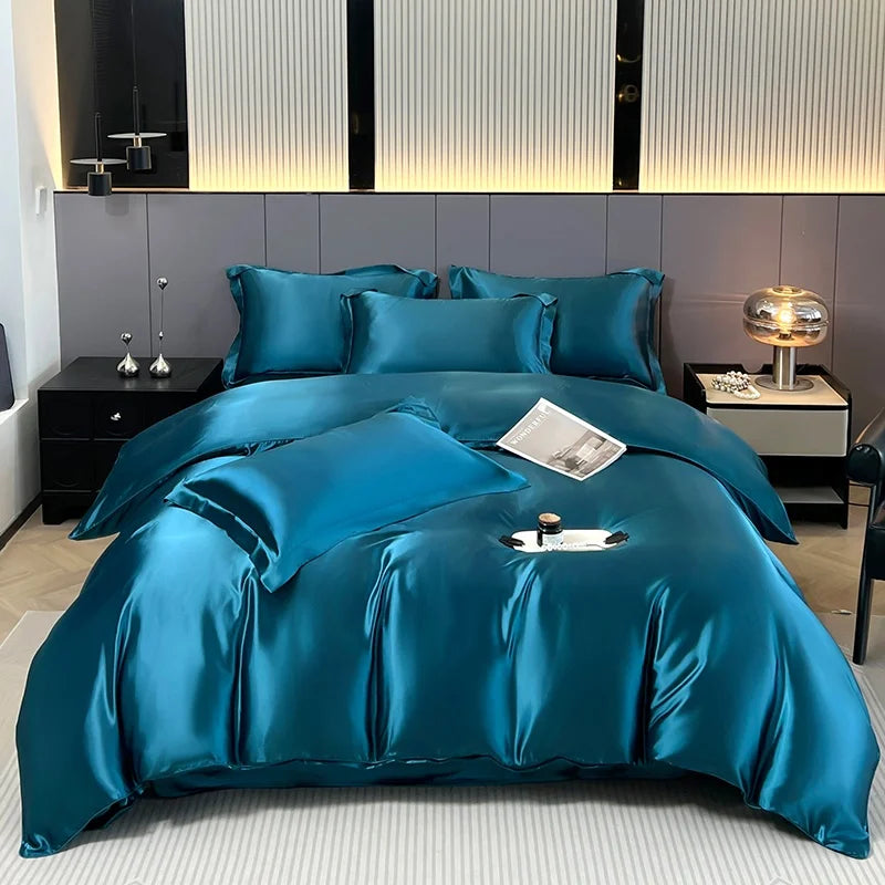 Parure de lit 4 pièces en soie mélangé – Housse de couette, drap housse et taies – Tailles Twin, Full, Queen, King