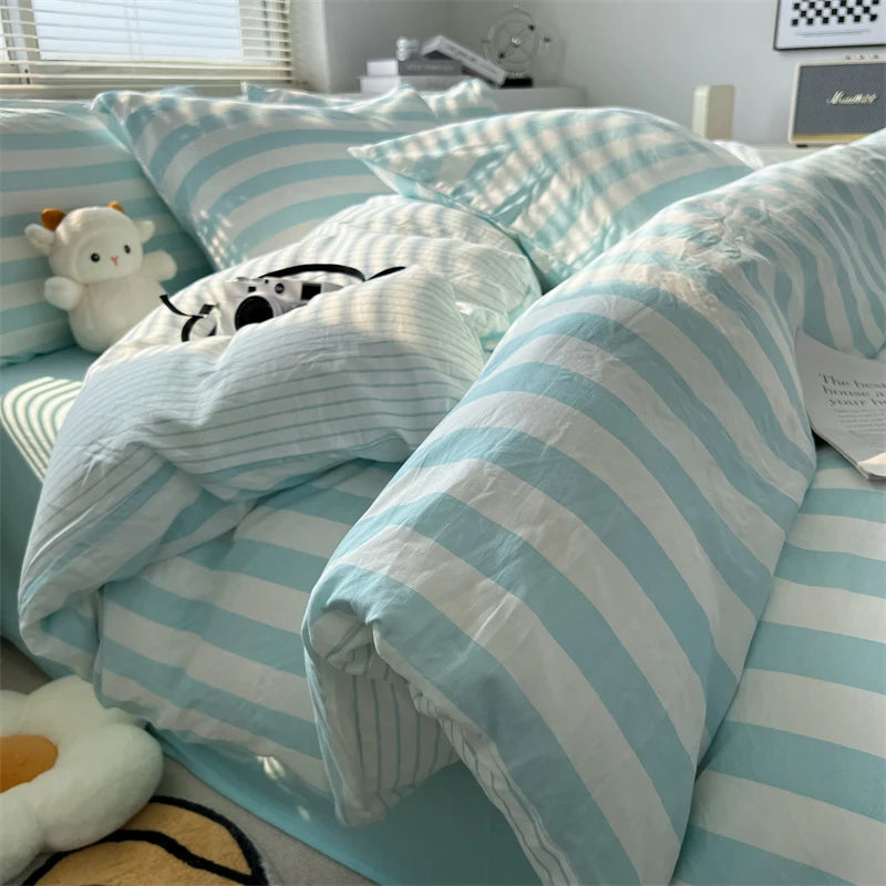 Parure de lit coton lavé rayée – Ensemble housse de couette, drap et taies | Qualité premium