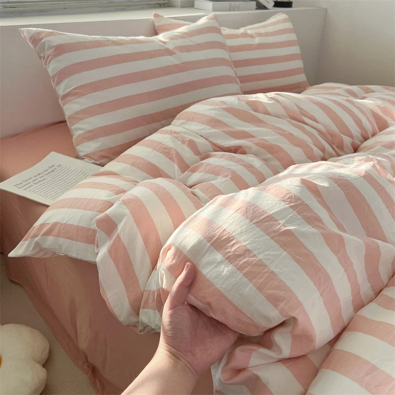 Parure de lit coton lavé rayée – Ensemble housse de couette, drap et taies | Qualité premium