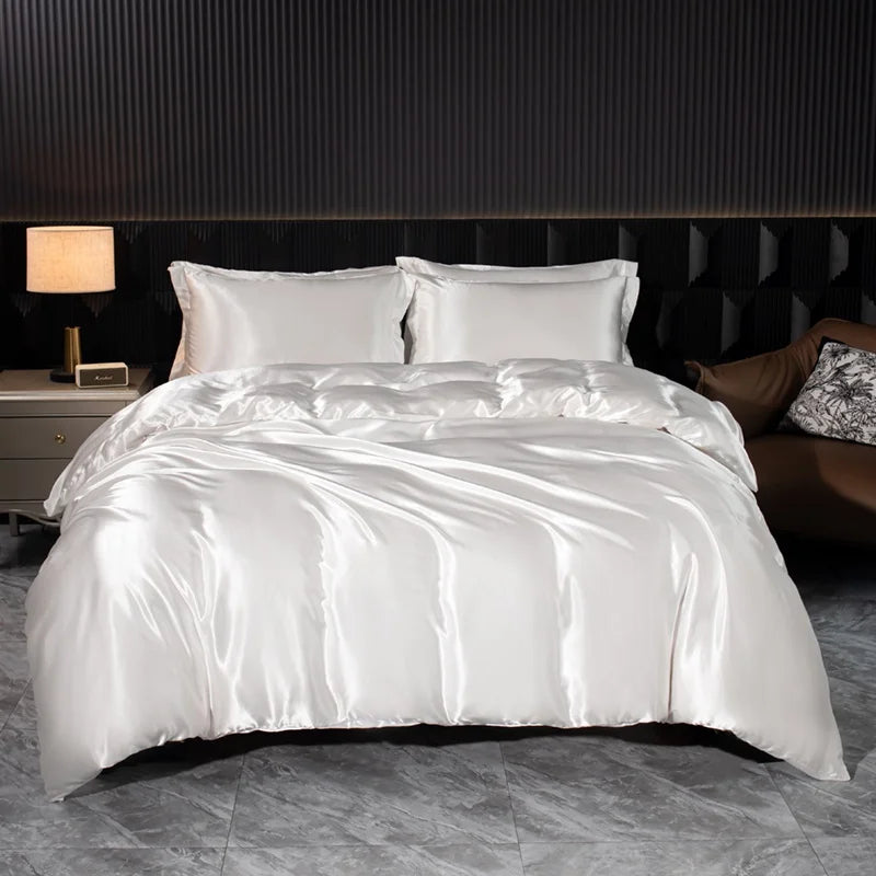 Parure de lit 4 pièces en soie mélangé – Housse de couette, drap housse et taies – Tailles Twin, Full, Queen, King