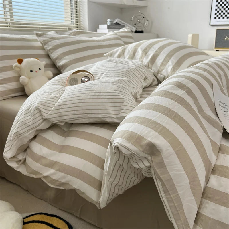 Parure de lit coton lavé rayée – Ensemble housse de couette, drap et taies | Qualité premium