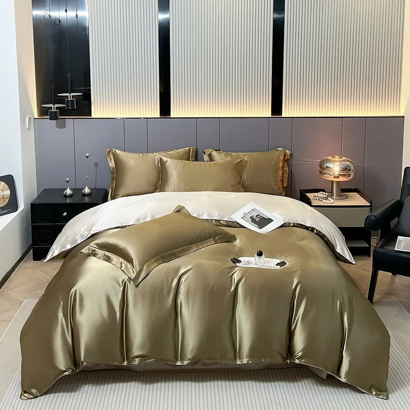Parure de lit 4 pièces en soie mélangé – Housse de couette, drap housse et taies – Tailles Twin, Full, Queen, King