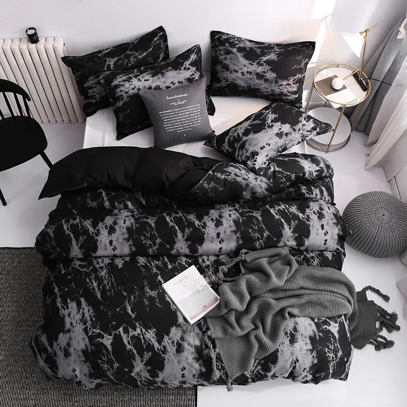 Ensemble housse de couette marbre 3 pièces – Blanc ou noir – Tailles 135x200 à 200x230