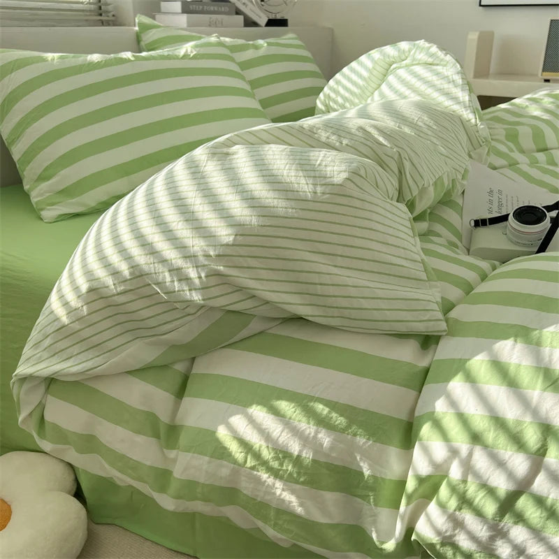 Parure de lit coton lavé rayée – Ensemble housse de couette, drap et taies | Qualité premium
