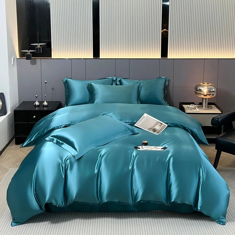 Parure de lit 4 pièces en soie mélangé – Housse de couette, drap housse et taies – Tailles Twin, Full, Queen, King