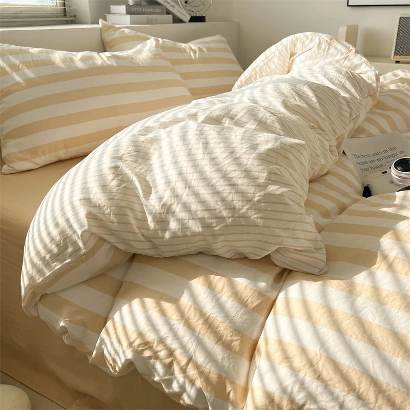 Parure de lit coton lavé rayée – Ensemble housse de couette, drap et taies | Qualité premium