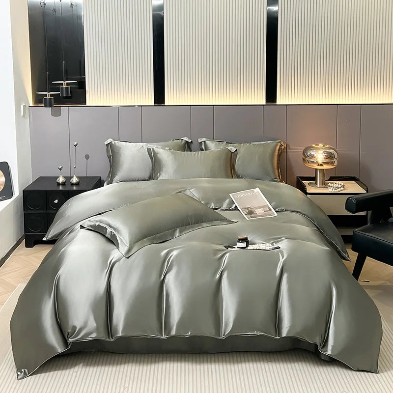 Parure de lit 4 pièces en soie mélangé – Housse de couette, drap housse et taies – Tailles Twin, Full, Queen, King